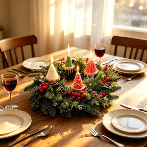 Couronne de l'Avent de 11,8 pouces avec 4 bougeoirs dorés en plastique, verdure artificielle de sapin et de cèdre, baies rouges, Thanksgiving - Product Image 3