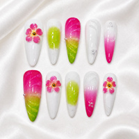 Lot de 10 faux ongles amande faits main, base blanche, dégradé rose-vert, avec fleurs 3D et pierres – Style ongles amande