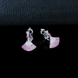 S925 <b>Silver</b> <b>Fan</b> Shape Clip On Earrings, Lab Created Padparadscha Sapphire Ombre Pink Gemstone Dress Ear Jewelry V - Product Image 1