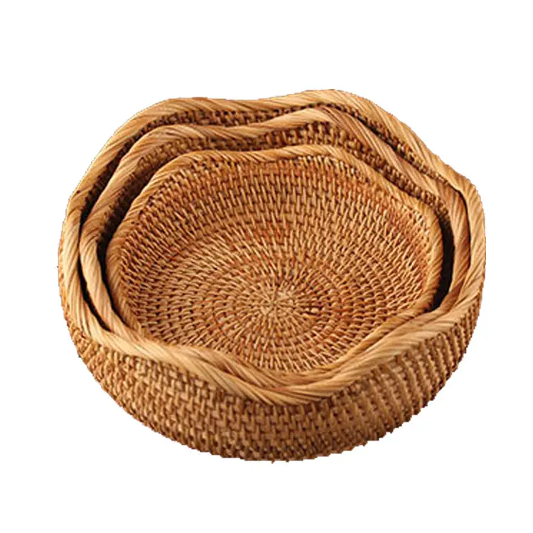 Cesta de mimbre tejida hecha a mano para frutas, cesta de almacenamiento Retro Para sala de estar, mesa de centro para el hogar, plato de frutas secas redondo