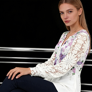<b>Women's</b> Elegant Mid-Length Button <b>T</b>-<b>Shirts</b> Butterfly Lace Crocheted Sleeve Casual Office Top with Sweet Short V-Neck <b>for</b> Bigsize - Product Image 5