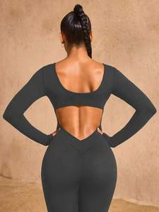 Женский облегающий комбинезон с длинным рукавом, V-образным вырезом на спине, подтягивающий ягодицы, с открытой спиной и вырезами, для фитнеса и тренировок - Product Image 4