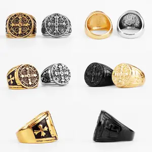 Saint Benedict Cspb Gold Black Cross Men Rings Punk Hip Hop for Boyfriend Male zinc Alloy Jewelry Creativity Gift Wholesale