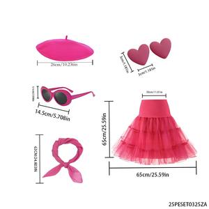 Комплект PESENAR 1950-х годов в цвете «розовая роза» — берет, аксессуары в форме сердца, солнцезащитные очки, шарф, сетчатая юбка - Product Image 2
