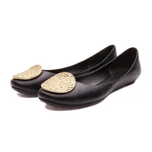 Black women ballerina flat shoes foldable leather ladies fashion metal charm flat shoes for female