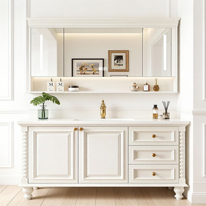 <span class=keywords><strong>Mobile</strong></span> Bagno Americano Retrò di Lusso con Lavabo in Ceramica, <span class=keywords><strong>Specchio</strong></span> Intelligente e Armadietto in Legno Massello da Parete - Product Image 1