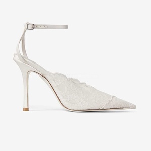 Tacones de boda de encaje blanco completo, sexys, de 100 mm, de cuero genuino, con correa al tobillo, sandalias con tiras, zapatos de tacón de aguja brillantes para fiesta de graduación, zapatos de encaje color marfil. - Product Image 6