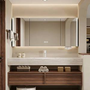 Meuble de salle de bain suspendu en bois de noyer style vintage avec miroir lumineux intelligent et vasque intégrée en pierre. - Product Image 6