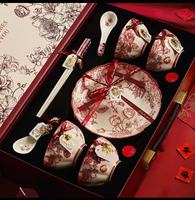 Service de table en porcelaine fine YanJun Rose Queen, élégant ensemble de bols, assiettes, cuillères et baguettes en céramique avec poignées, pour la maison ou comme cadeau