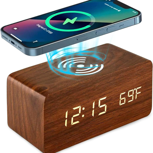 Smart LED Wooden Electronic Alarm Clock Room Alarm Clock with Charger Creative Bedside Silent Alarm Clock Wireless Charger