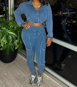 Viviblook Z1207ST03 hiver à manches longues coton acide culture veste pantalons longs dame Vintage deux pièces survêtement ensemble femmes tenues - Product Image 3