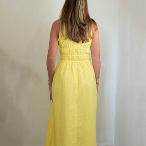 <span class=keywords><strong>Abito</strong></span> <span class=keywords><strong>Midi</strong></span> <span class=keywords><strong>Giallo</strong></span> da Donna con Corpetto Arricciato, Vestito Estivo Casual in Cotone a Linea A - Product Image 3