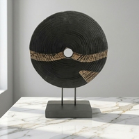 Sculpture artisanale en bois carbonisé, disque circulaire à grain naturel, support en métal, design Art Déco, décoration intérieure, baptême