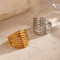 Cincin Garis Minimalis Stainless Steel Trendi Gaya Eropa dan Amerika, Cincin Terbuka Berlapis Emas 18K Gaya Instagram yang Dapat Disesuaikan