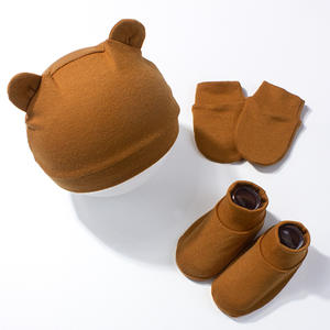 Topi janin baru lahir, sarung tangan Anti gores dan penutup kaki tiga buah Set topi telinga beruang bayi baru lahir kombinasi - Product Image 4