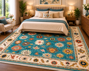 Wool Floral Azure Blossom Oushak Hand Knotted Eco-Friendly Traditional Low Pile Rug 5' X 8' - Product Image 3