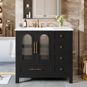 SENYUTraditional Black <b>Wood</b> <b>Bathroom</b> Vanity <b>Cabinet</b> with Brass Handles and Arched Glass Doors for Luxury <b>Bathrooms</b> - Product Image 1