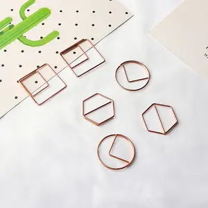 Marca de página de papelaria geométrico de metal, clipe de papel hexagonal de poliéster dourado