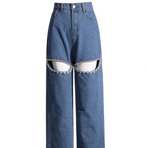 กางเกงยีนส์ขายดีทรงคาร์โก้เอวสูงขากว้างสำหรับผู้หญิง ผ้าเดนิมฟอกลายเพชรแบบโปร่ง มีกระเป๋าหลายช่อง ยืดได้ - Product Image 1