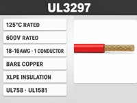 Fil UL3297 XLPE haute température 18-16AWG, conducteur toronné en cuivre nu 125 ° C 600V UL758