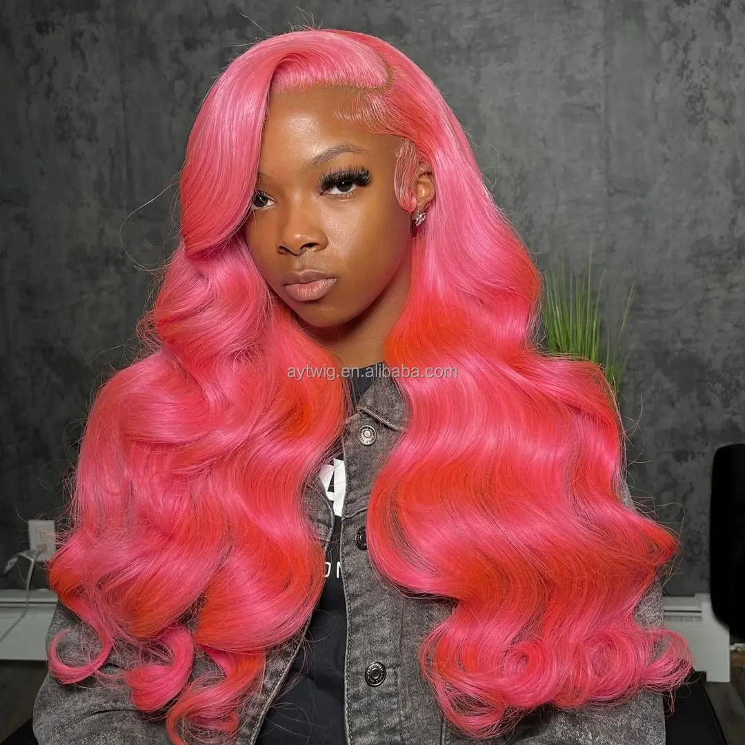 Grosir Wig Frontal renda penuh 30 inci panjang lurus tubuh pink pirang rambut manusia Brasil Wig depan renda transparan HD