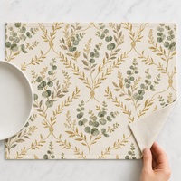 Set de table en lin et coton imprimé sur mesure 35x48cm |   Feuilles d'eucalyptus dorées sur fond ivoire |   Impression numérique en gros