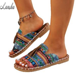 2025 Retro Bohemia Floral patrón geométrico ancho PU cuero correa cruzada punta abierta zapatillas para mujer playa borlas Sandalias planas - Product Image 5