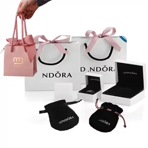 Custom printed logo gift jewelry pouch packaging paper bags and boxes for boutique skincare women hand bag ribbon handle