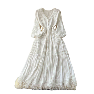 Vestido Maxi Boho Blanco con Cuello en V, Adorno de Encaje, Manga Abullonada, Corte en A, Holgado, de Algodón, Casual, para Primavera - Product Image 1