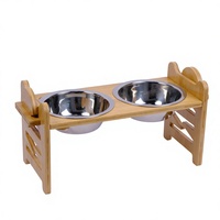 Support de gamelle pour animaux de compagnie en bambou, pliable, hauteur réglable, double distributeur d'eau et de nourriture avec bols en acier inoxydable pour chats et chiens
