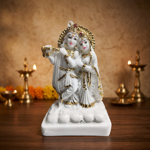 Estatua de Radha Krishna en Oro Blanco con Bansuri, 5 Pulgadas, Acabado en Polvo de Mármol, Murti Decorativa para Templo, Hogar, Oficina, Escritorio y Sala de Estar - Product Image 1