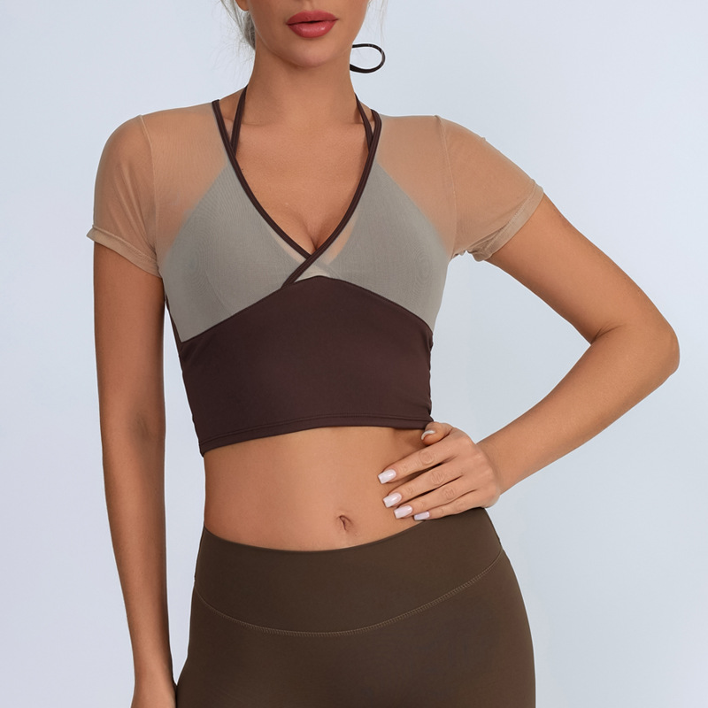 XW-HY04 Custom Yoga Deep V-Neck Top Activewear Training Gym Mesh Splicing Fitness Quick-drying Women's T-shirts Gym Top