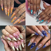 Ongles artificiels faits main en acrylique, à pression, couvrance totale, longs, forme Stiletto, motif pois rouge nude, fleur rose 3D, perles dorées, romantiques