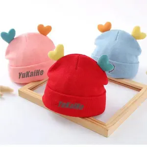 Beanie Anak Perempuan Rajut Musim Dingin Bordir Imut Bayi Anak-anak Warna Polos Kustom dengan Telinga