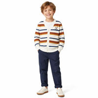 Cardigan tricoté pour garçons, rayures ivoire, col en V, boutonné, en coton respirant, anti-plis, broderie, style preppy, collection automne
