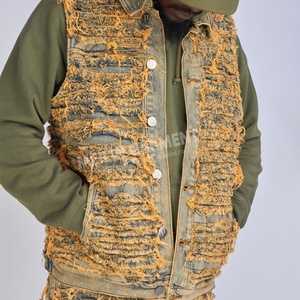Custom Slim Fit Retro Streetwear <b>Denim</b> <b>Vest</b> Cut and Sew Allover Distressed <b>Vest</b> Jean <b>Jacket</b> for Men - Product Image 1