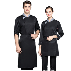 Chaqueta de Uniforme de Chef Negra y Gris, Mezcla de Poliéster y Algodón, Manga Larga, Cuello Alto, Unisex, con Delantal a Juego, para Restaurante y Cocina - Product Image 1
