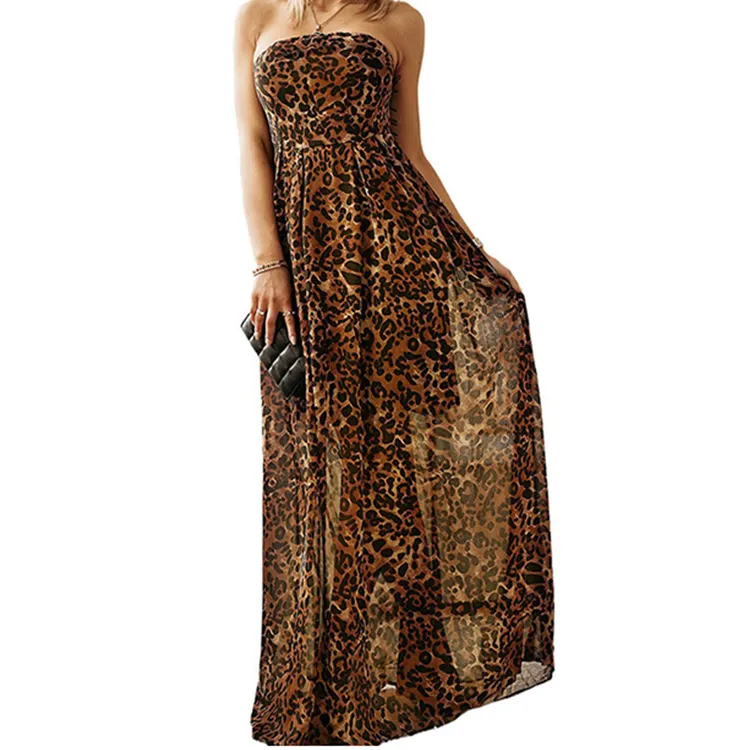 Women's Stylish Sexy Long Dress Chiffon Bra Wrap Waist Off Shoulder Leopard Print Dress