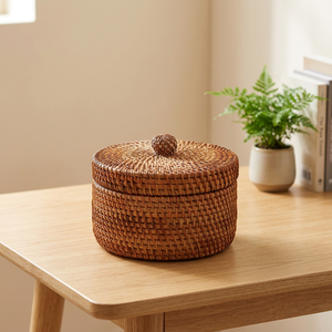 Natural Rattan Storage Basket With Lid Round Eco-Friendly <b>Rustic</b> Design Multi-Purpose Bowl Shape - Product Image 5