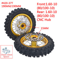 Kit de roues de moto tout-terrain CNC 10 pouces avant et arrière, jante en aluminium 1.60-10 avec pneu tout-terrain 3.00-10, disques de frein et pignon # 420