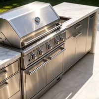 Îlot de cuisine extérieur moderne Hongsi HS-2033 en acier inoxydable avec barbecue, évier, comptoir en marbre, résistant au feu, luxe, pour cuisson au bord de la piscine