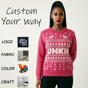 <span class=keywords><strong>Pull</strong></span> <span class=keywords><strong>de</strong></span> Noël magenta à col rond, jacquard avec lettrage Dunkin, motif flocon <span class=keywords><strong>de</strong></span> neige et sapin, tricot d'hiver pour les fêtes - Product Image 1