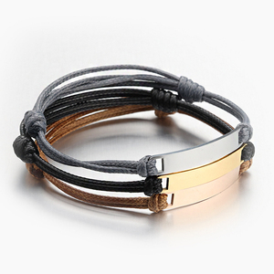 Bracciale Macramè con Charm a Barra Rettangolare Personalizzabile con Incisione Logo ID in Acciaio Inossidabile Argento e Oro 18k - Product Image 1