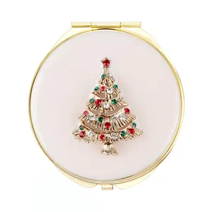 Peace And Joy Merry Christmas Gift Pocket Hand Compact Mirror Diamonds Crystal Stone Makeup Mirror