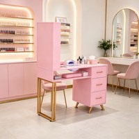 Table de manucure professionnelle avec tiroirs, table de travail rose pour salon de beauté