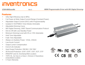 ESM-680S350MG inventronics รับประกัน5ปี DC22-544V IP66/IP67กันน้ำ680W LED ไดร์เวอร์สำหรับไฟ LED - Product Image 2