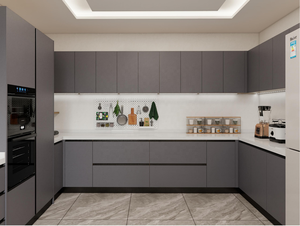 Meubles de cuisine modulaires modernes George en bois, finition laquée acrylique, plan de travail en marbre gris, évier, robinet, tiroir, panier, <span class=keywords><strong>5</strong></span>+ tiroirs - Product Image 4