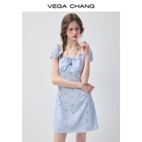 Robe mini VEGA CHANG bleu clair à broderie anglaise pour femme, col carré, manches bouffantes, nouée devant, coupe ajustée, robe décontractée