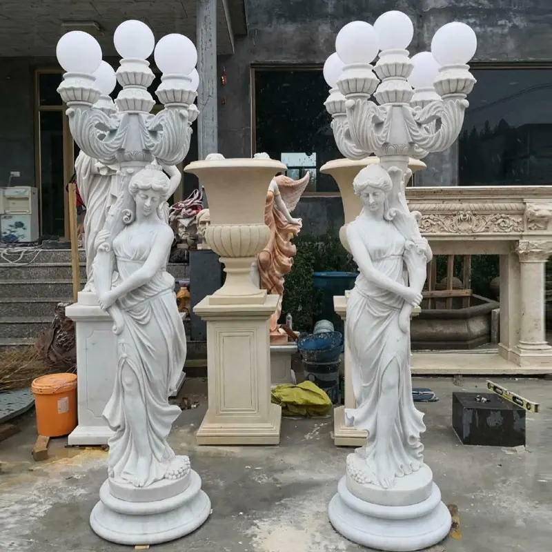 Benutzer definierte Garten Stein lampe Skulptur lebensgroße weiße Marmor Dame Lampe Statue zum Verkauf