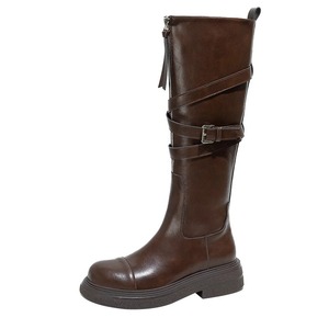 Bottes hautes à bout rond avec boucle et fermetures éclair, en cuir lisse, semelle épaisse, chaussures décontractées pour femmes, streetwear - Product Image 3
